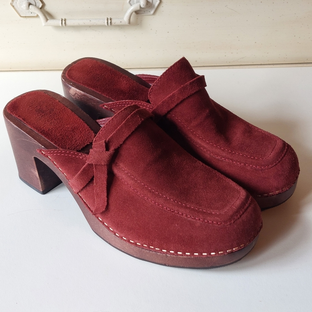 VTG Brazil Suede leather stacked heel platform clogs shoes slip American Eagle - Picture 2 of 6